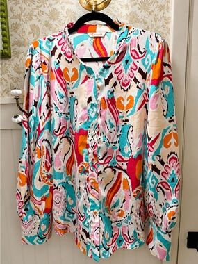 Kirundo Colorful Abstract Print Button Front Blouse Size Large